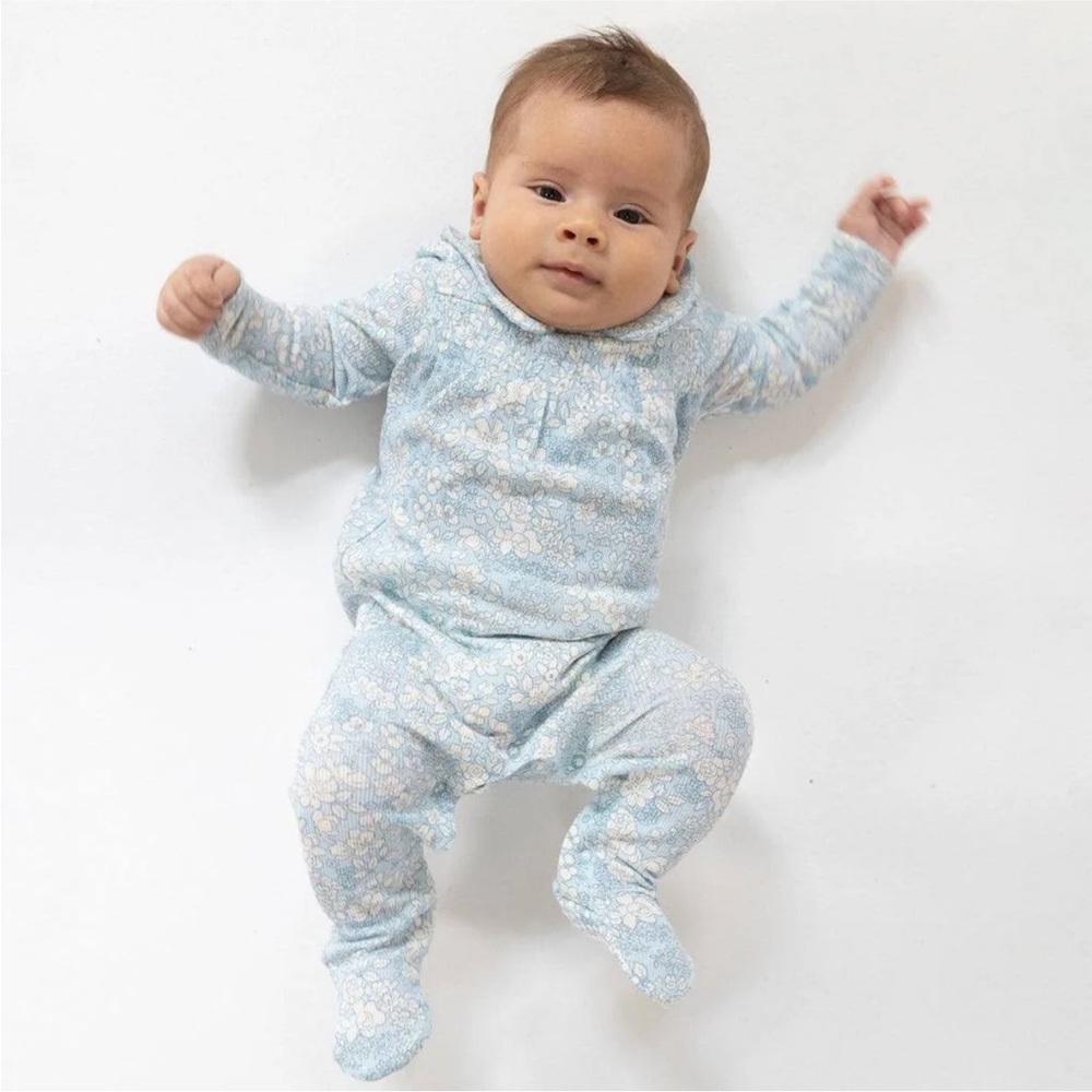 NWT Angel Dear Smocked Peter Pan Footie Blue Meadow Floral 6-9M - Picture 2 of 8